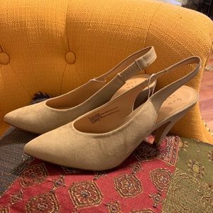 Beige Nettie Microsuede Sling Back High Vamp Heels
